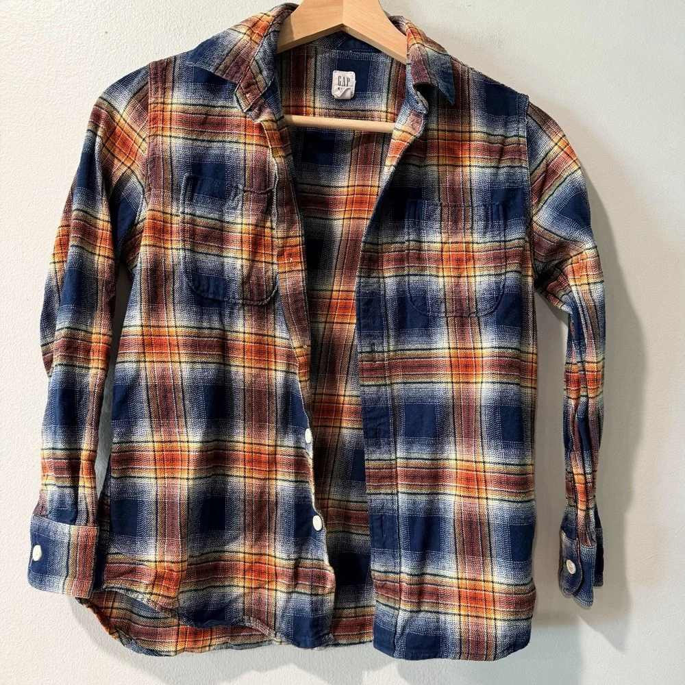 Gap Kids M Navy Orange Plaid Flannel 100% Cotton Button Down Shirt
